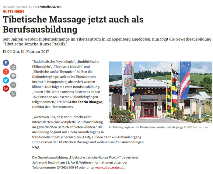 Tibetische Massage als Berufsausbildung (Kleine Zeitung 02/2017)